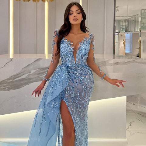 Blue Long Sleevele Elegant Mermaid High Split Evening Dresses 2025 Women Sexy Party Gowns with Side Skirt LA72044