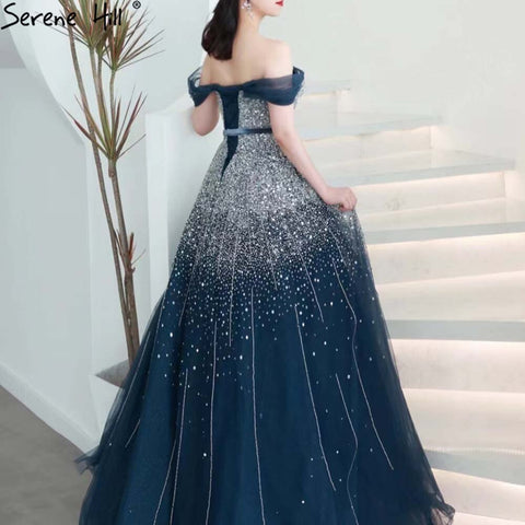 Blue Luxury A-Line Evening Dresses Gowns 2025 Beaded Bling Lace Up For Women Party LA71157A