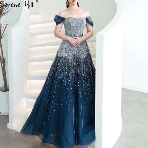Blue Luxury A-Line Evening Dresses Gowns 2025 Beaded Bling Lace Up For Women Party LA71157A