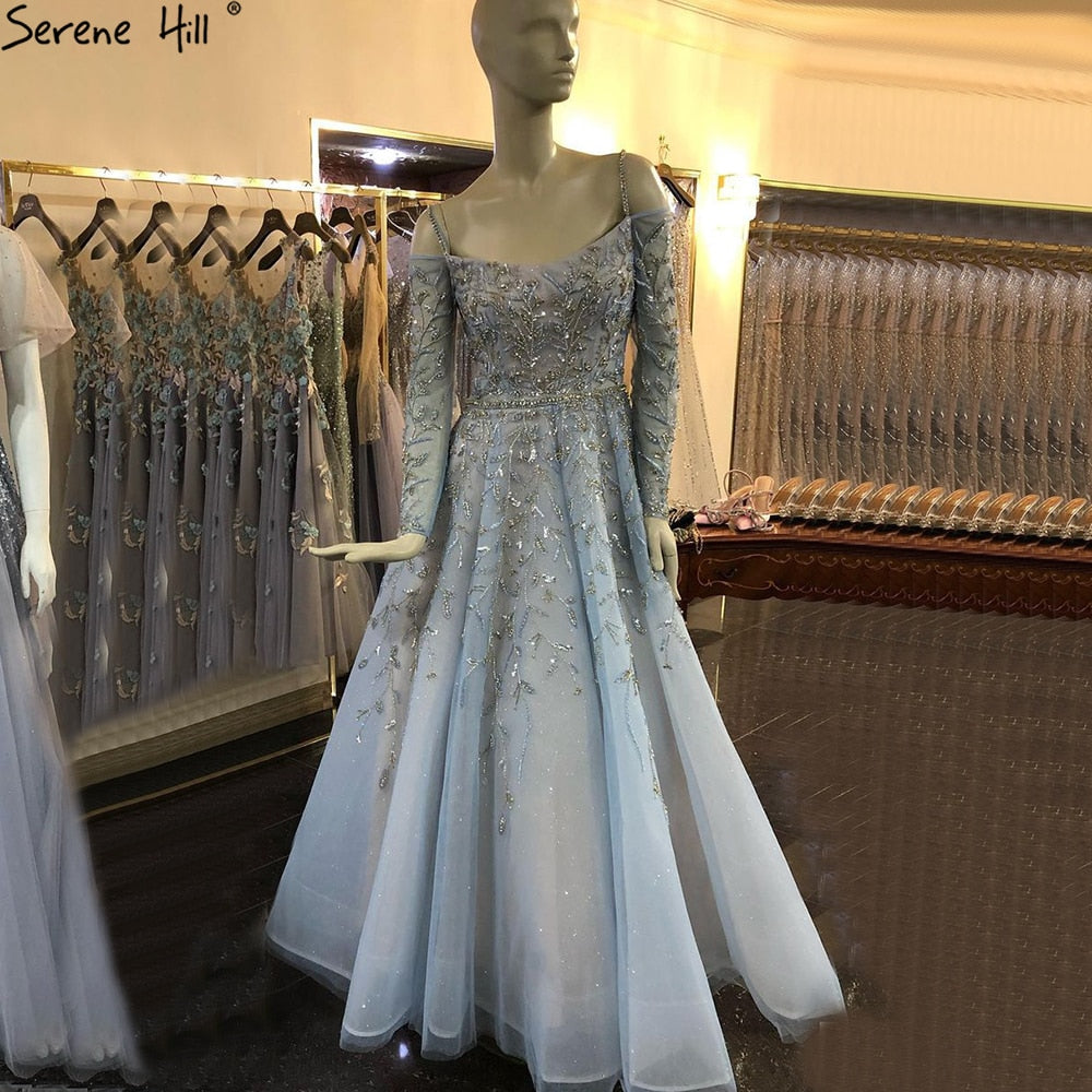 Blue Luxury A-Line Evening Dresses Gowns 2025 Beading Spaghetti Strap Sexy For Women Party  LA70812