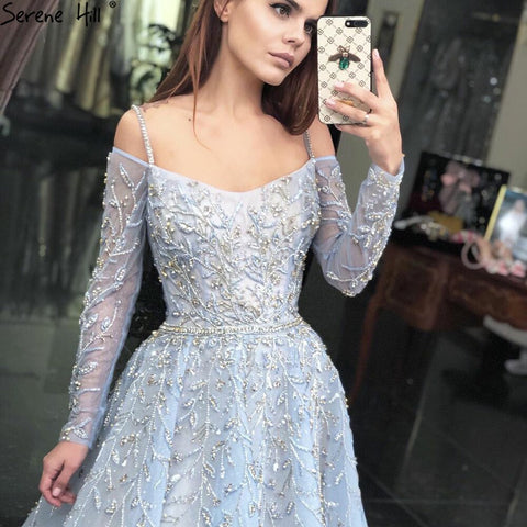 Blue Luxury A-Line Evening Dresses Gowns 2025 Beading Spaghetti Strap Sexy For Women Party  LA70812
