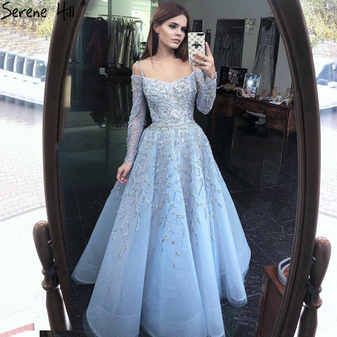 Blue Luxury A-Line Evening Dresses Gowns 2025 Beading Spaghetti Strap Sexy For Women Party  LA70812