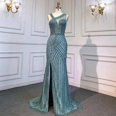 Robe de soirée de luxe bleue fendue, élégante, style sirène, avec perles, en solde, sans retour ni remboursement, modèle LA71580, 2025 