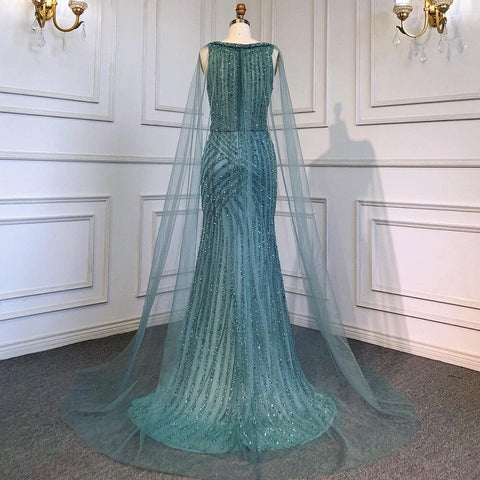 Robe de soirée de luxe bleue fendue, élégante, style sirène, avec perles, en solde, sans retour ni remboursement, modèle LA71580, 2025 