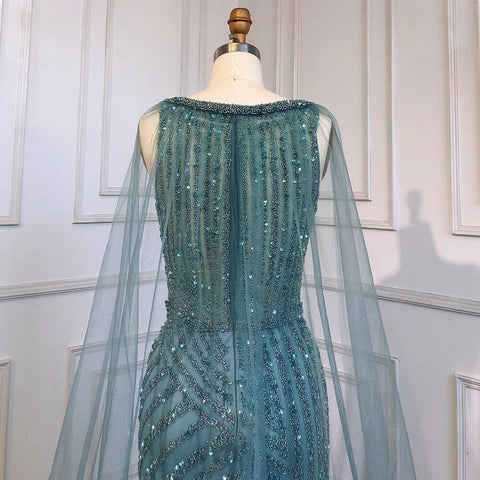 Robe de soirée de luxe bleue fendue, élégante, style sirène, avec perles, en solde, sans retour ni remboursement, modèle LA71580, 2025 