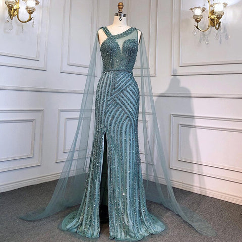 Robe de soirée de luxe bleue fendue, élégante, style sirène, avec perles, en solde, sans retour ni remboursement, modèle LA71580, 2025 