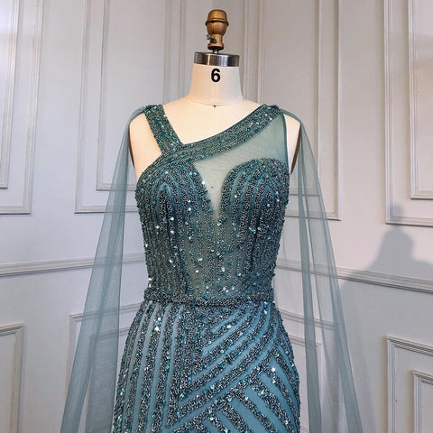 Robe de soirée de luxe bleue fendue, élégante, style sirène, avec perles, en solde, sans retour ni remboursement, modèle LA71580, 2025 