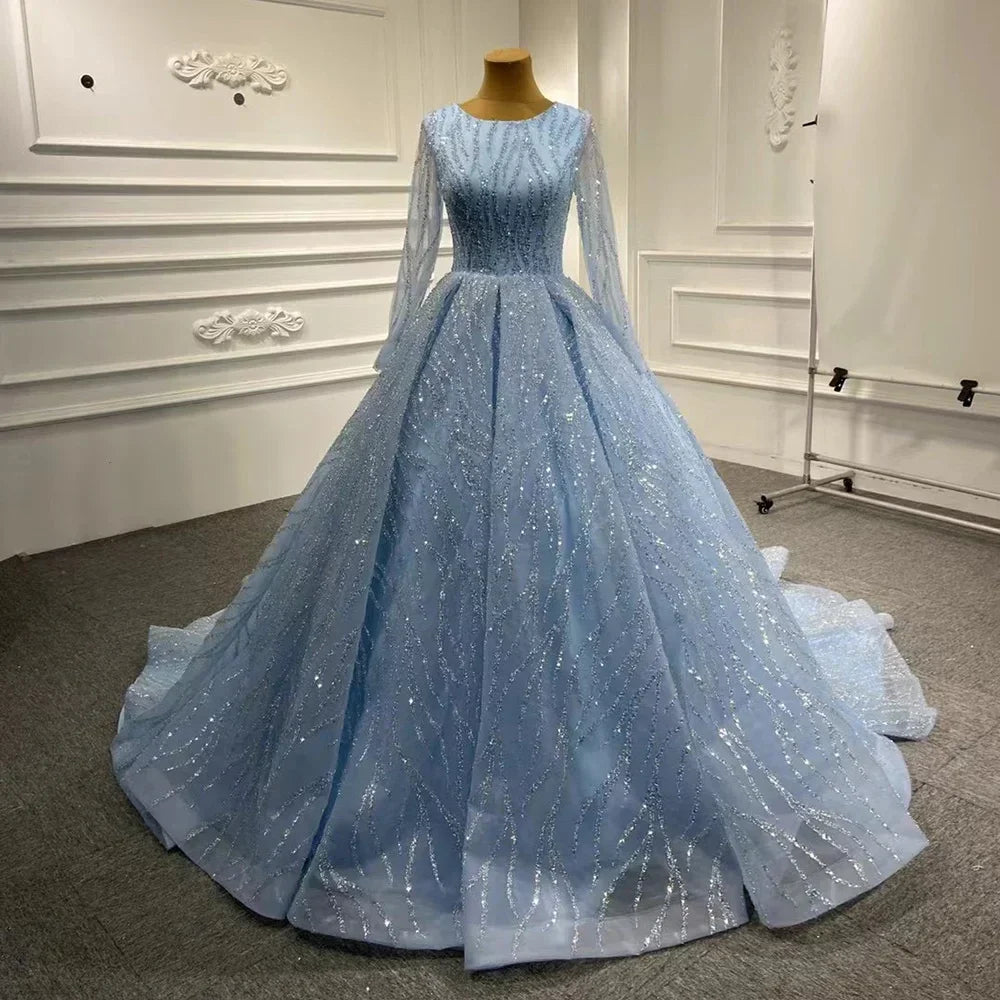 Blue Luxury High end Wedding Dresses 2025 Beaded Sleeveless Lace Up Bridal Dress HM67331 Custom Made