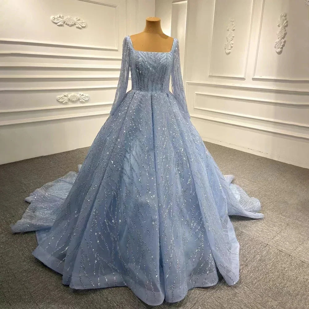 Blue Luxury High end Wedding Dresses 2025 Beaded Sleeveless Lace Up Bridal Dress HM67331 Custom Made