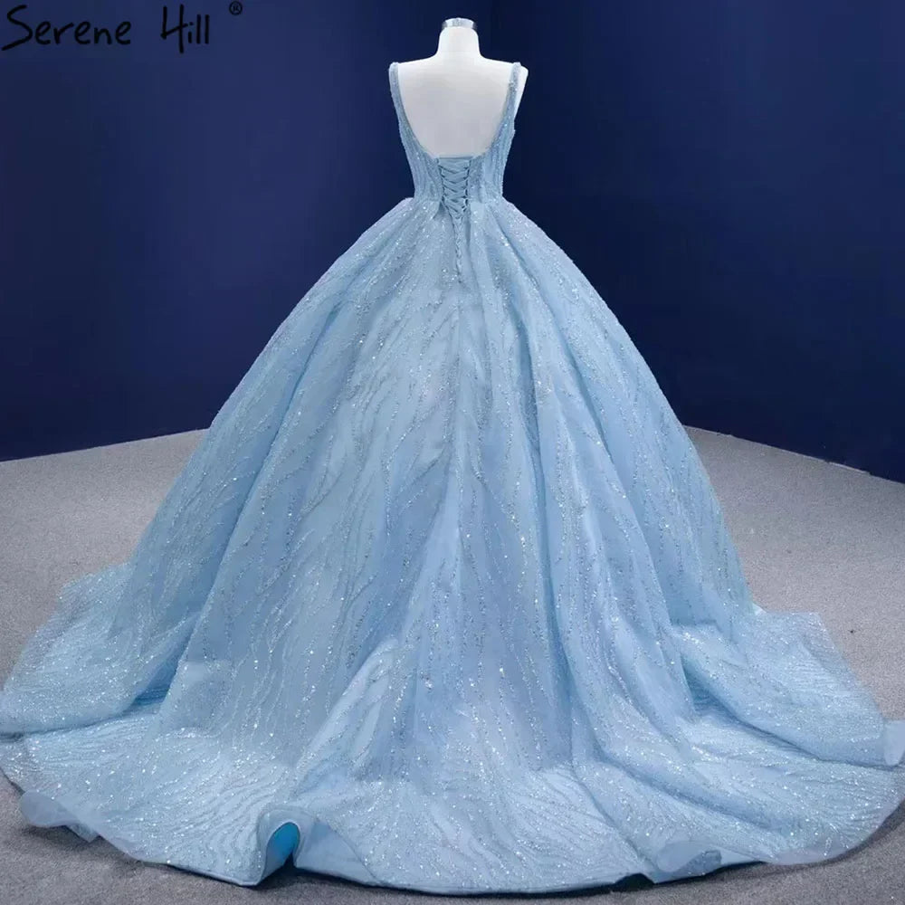Blue Luxury High end Wedding Dresses 2025 Beaded Sleeveless Lace Up Bridal Dress HM67331 Custom Made