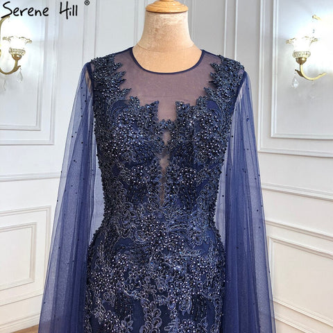 Blue Luxury Mermaid Evening Dresses Gowns2025 Cape Sleeves Beaded Elegant For Woman Party LA71163