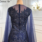 Blue Luxury Mermaid Evening Dresses Gowns2025 Cape Sleeves Beaded Elegant For Woman Party LA71163