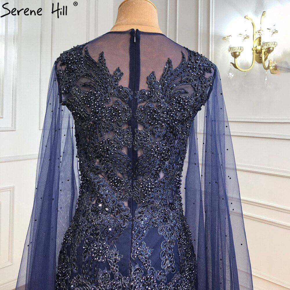 Blue Luxury Mermaid Evening Dresses Gowns2025 Cape Sleeves Beaded Elegant For Woman Party LA71163