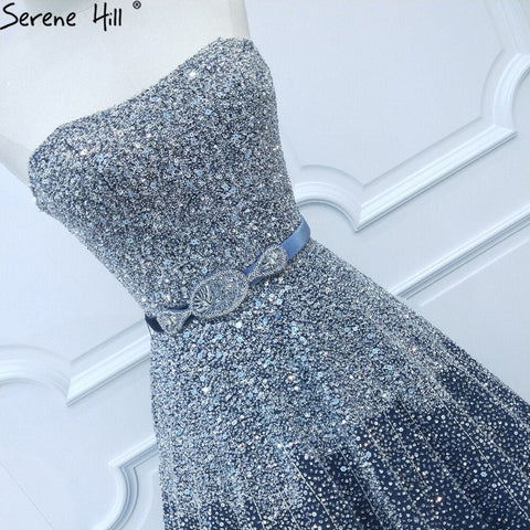 Blue Luxury Strapless Evening Dresses Gowns 2025 Beaded Bling A-Line Luxury For Women Party LA71157