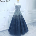 Blue Luxury Strapless Evening Dresses Gowns 2025 Beaded Bling A-Line Luxury For Women Party LA71157