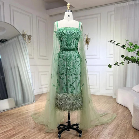 Blue Mermaid Ankle Length Feather Beaded Evening Dress Gown with Cape LA71841A