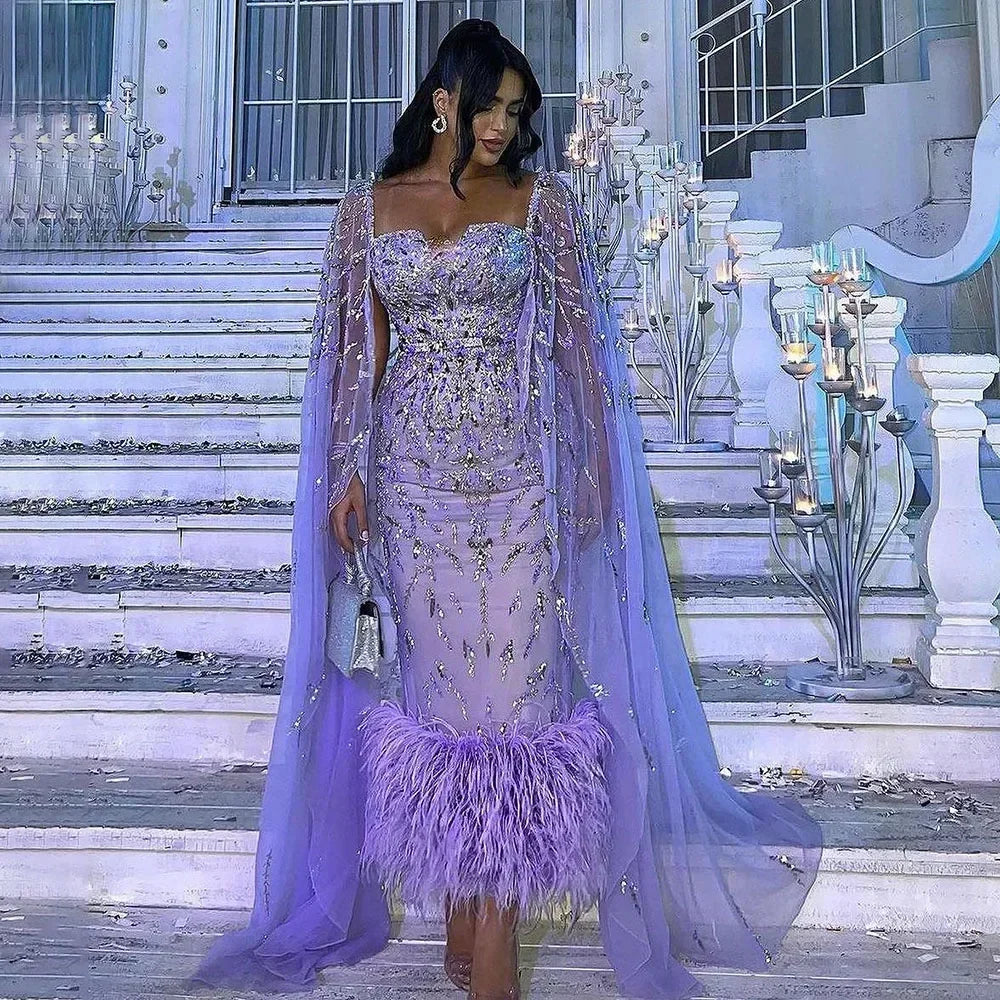 Blue Mermaid Ankle Length Feather Beaded Evening Dress Gown with Cape LA71841A