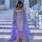 Blue Mermaid Ankle Length Feather Beaded Evening Dress Gown with Cape LA71841A