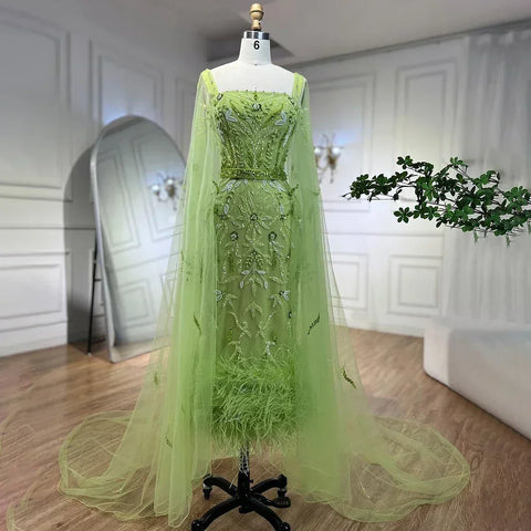 Blue Mermaid Ankle Length Feather Beaded Evening Dress Gown with Cape LA71841A