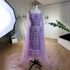 Blue Mermaid Ankle Length Feather Beaded Evening Dress Gown with Cape LA71841A