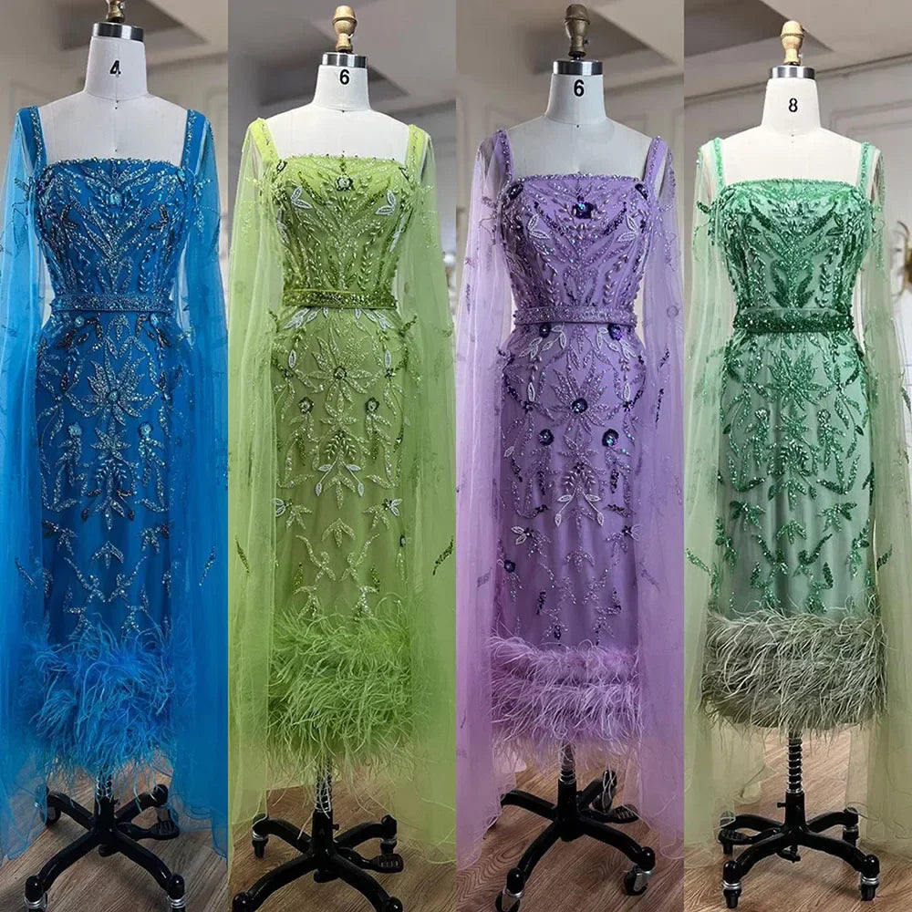 Blue Mermaid Ankle Length Feather Beaded Evening Dress Gown with Cape LA71841A