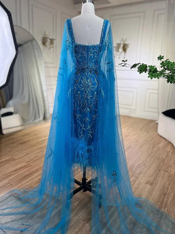 Blue Mermaid Ankle Length Feather Beaded Evening Dress Gown with Cape LA71841A