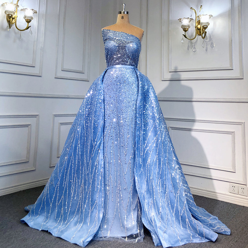 Blue Mermaid Backless Evening Dresses Gowns 2025 Luxury Beaded Elegant Detachable Skirt For Woman Party LA71665