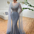 Blue Mermaid Elegant Cape Sleeves Beaded Arabic Long Evening Dresses Gowns For Women Wedding Party 2025 LA72173