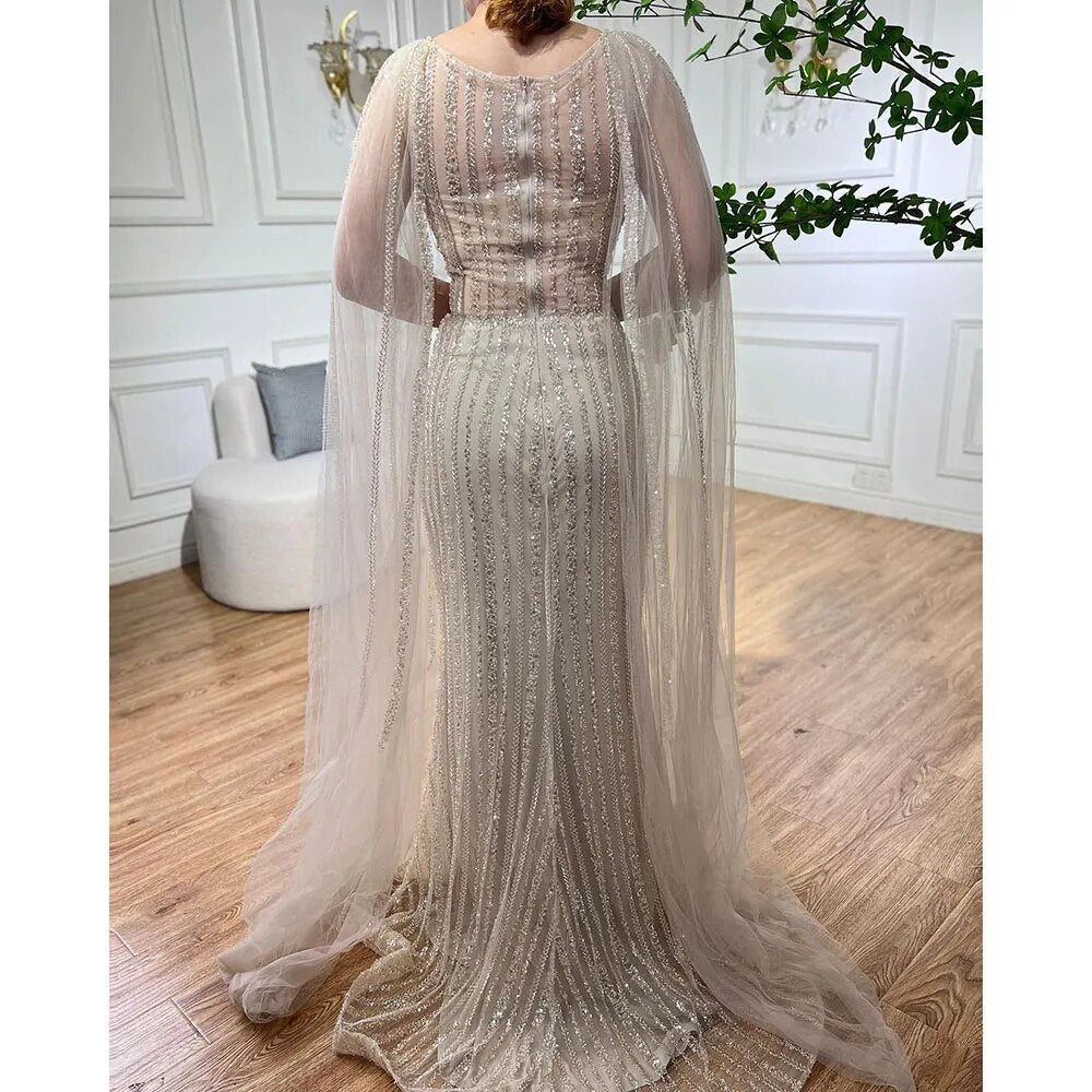 Blue Mermaid Elegant Cape Sleeves Beaded Arabic Long Evening Dresses Gowns For Women Wedding Party 2025 LA72173