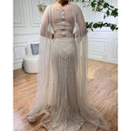 Blue Mermaid Elegant Cape Sleeves Beaded Arabic Long Evening Dresses Gowns For Women Wedding Party 2025 LA72173