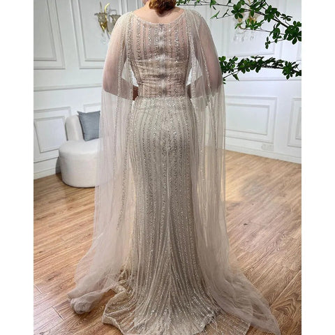 Blue Mermaid Elegant Cape Sleeves Beaded Arabic Long Evening Dresses Gowns For Women Wedding Party 2025 LA72173