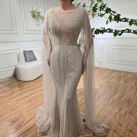 Blue Mermaid Elegant Cape Sleeves Beaded Arabic Long Evening Dresses Gowns For Women Wedding Party 2025 LA72173