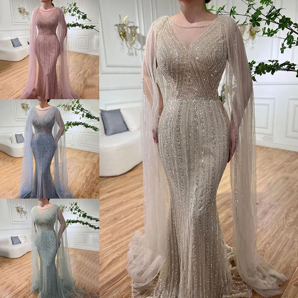 Blue Mermaid Elegant Cape Sleeves Beaded Arabic Long Evening Dresses Gowns For Women Wedding Party 2025 LA72173