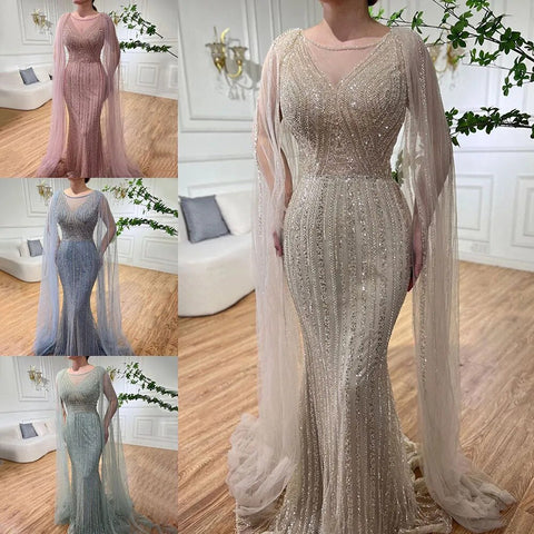 Blue Mermaid Elegant Cape Sleeves Beaded Arabic Long Evening Dresses Gowns For Women Wedding Party 2025 LA72173