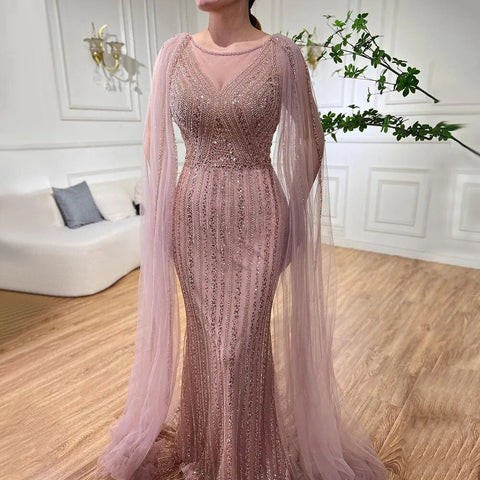 Blue Mermaid Elegant Cape Sleeves Beaded Arabic Long Evening Dresses Gowns For Women Wedding Party 2025 LA72173