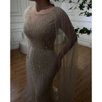 Blue Mermaid Elegant Cape Sleeves Beaded Arabic Long Evening Dresses Gowns For Women Wedding Party 2025 LA72173
