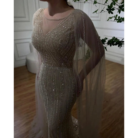 Blue Mermaid Elegant Cape Sleeves Beaded Arabic Long Evening Dresses Gowns For Women Wedding Party 2025 LA72173