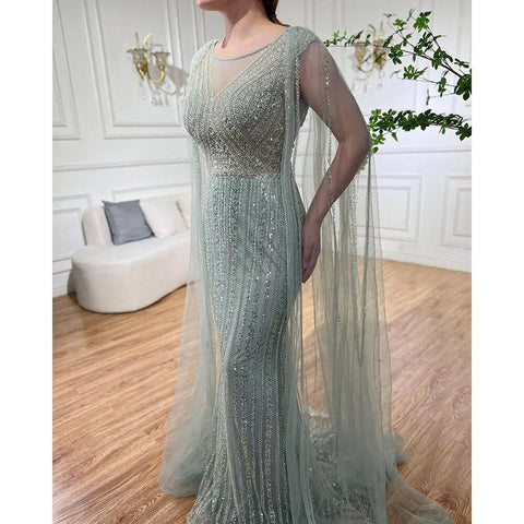 Blue Mermaid Elegant Cape Sleeves Beaded Arabic Long Evening Dresses Gowns For Women Wedding Party 2025 LA72173