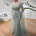 Blue Mermaid Elegant Cape Sleeves Beaded Arabic Long Evening Dresses Gowns For Women Wedding Party 2025 LA72173