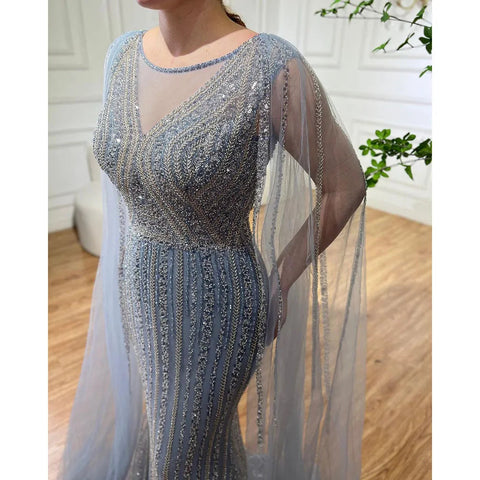 Blue Mermaid Elegant Cape Sleeves Beaded Arabic Long Evening Dresses Gowns For Women Wedding Party 2025 LA72173