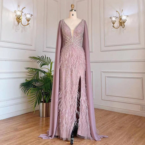 Blue Mermaid Elegant Cape Sleeves Luxury Beaded Feather Evening Dresses Gowns 2025 For Women Party LA71583A