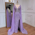 Blue Mermaid Elegant Cape Sleeves Luxury Beaded Feather Evening Dresses Gowns 2025 For Women Party LA71583A