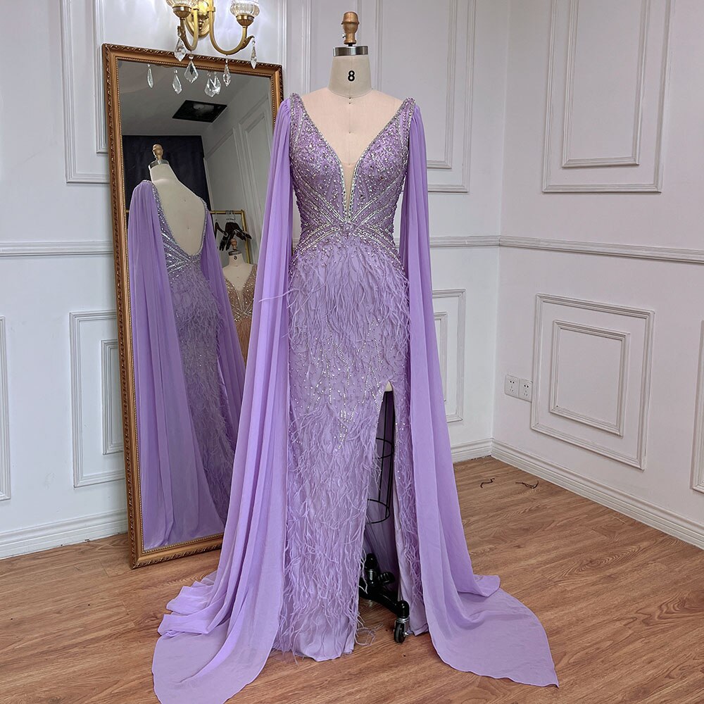 Blue Mermaid Elegant Cape Sleeves Luxury Beaded Feather Evening Dresses Gowns 2025 For Women Party LA71583A