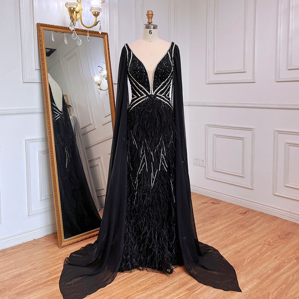 Blue Mermaid Elegant Cape Sleeves Luxury Beaded Feather Evening Dresses Gowns 2025 For Women Party LA71583A