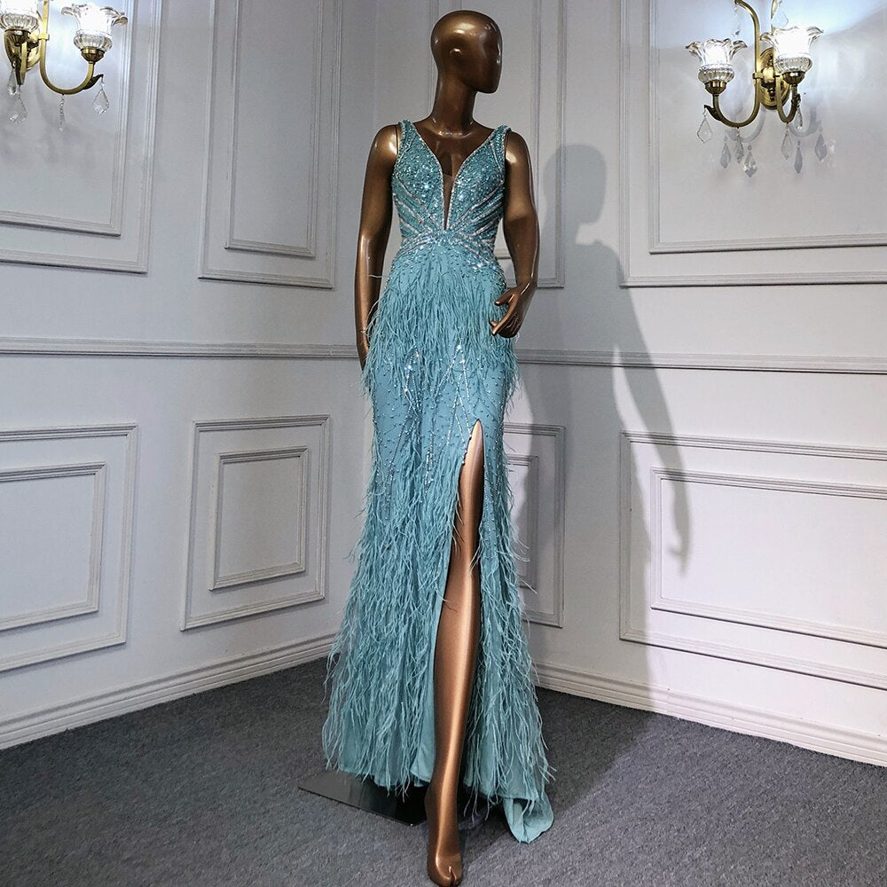 Blue Mermaid Elegant Cape Sleeves Luxury Beaded Feather Evening Dresses Gowns 2025 For Women Party LA71583A