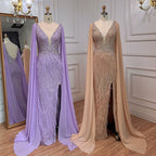 Blue Mermaid Elegant Cape Sleeves Luxury Beaded Feather Evening Dresses Gowns 2025 For Women Party LA71583A