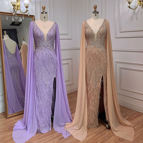 Blue Mermaid Elegant Cape Sleeves Luxury Beaded Feather Evening Dresses Gowns 2025 For Women Party LA71583A