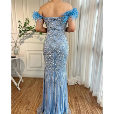 Blue Mermaid Elegant Off Shoulder Feather Beaded Evening Dresses Gowns Long 2025 For Women Party LA72028