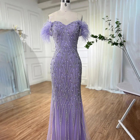 Blue Mermaid Elegant Off Shoulder Feather Beaded Evening Dresses Gowns Long 2025 For Women Party LA72028