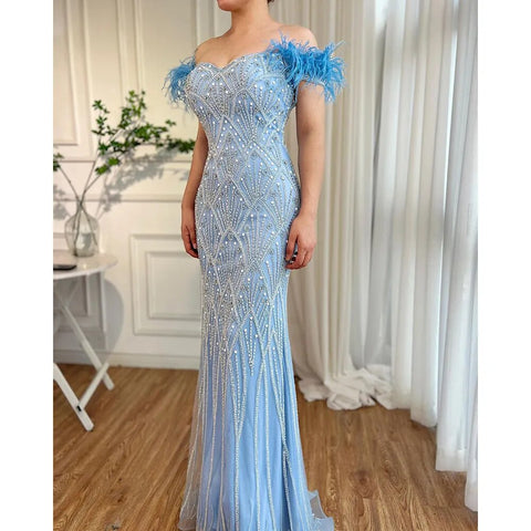 Blue Mermaid Elegant Off Shoulder Feather Beaded Evening Dresses Gowns Long 2025 For Women Party LA72028